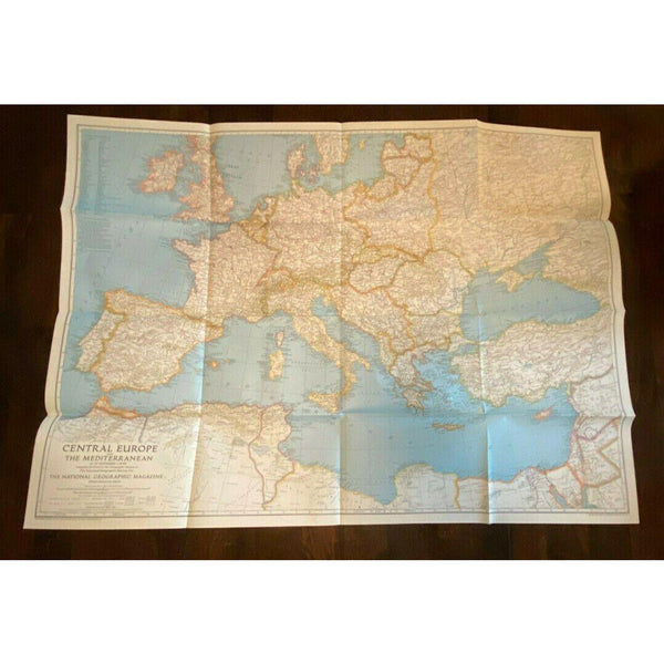 Central Europe and the Mediterranean Map National Geographic 1939 Vintage
